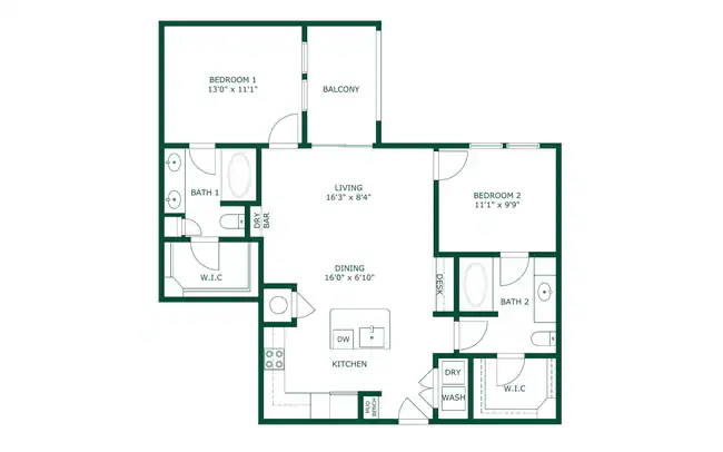 2 Bedroom 2 Bath 107 floor plan